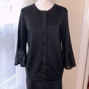 Isaac Mizrahi M Black Lace Bell Sleeve Button Front Knit Cardigan